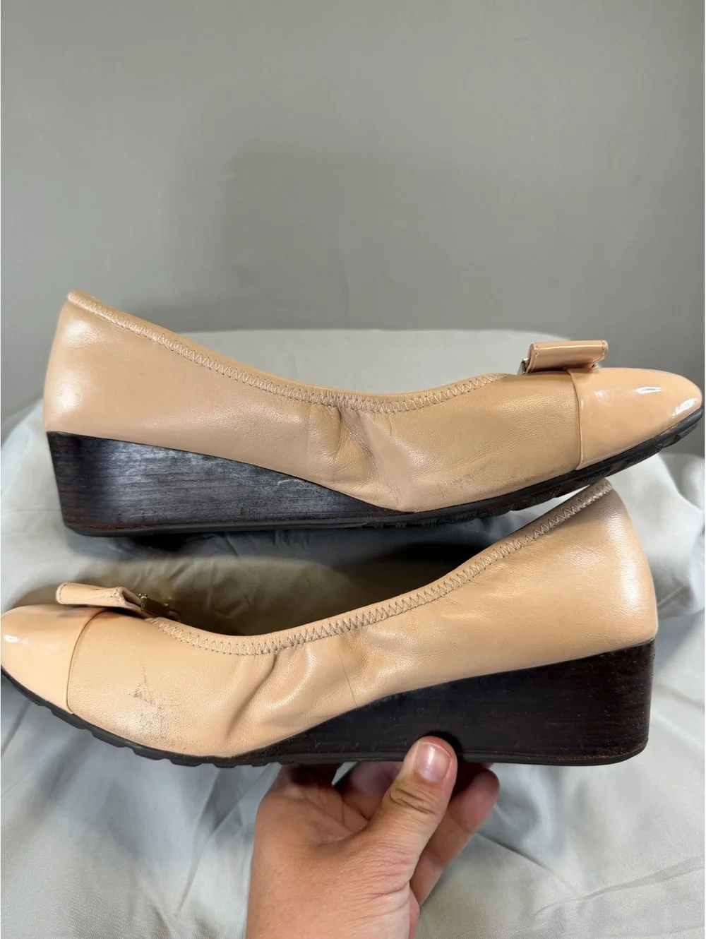 Cole Haan Beige Leather Wedge Heels with Bow Detail